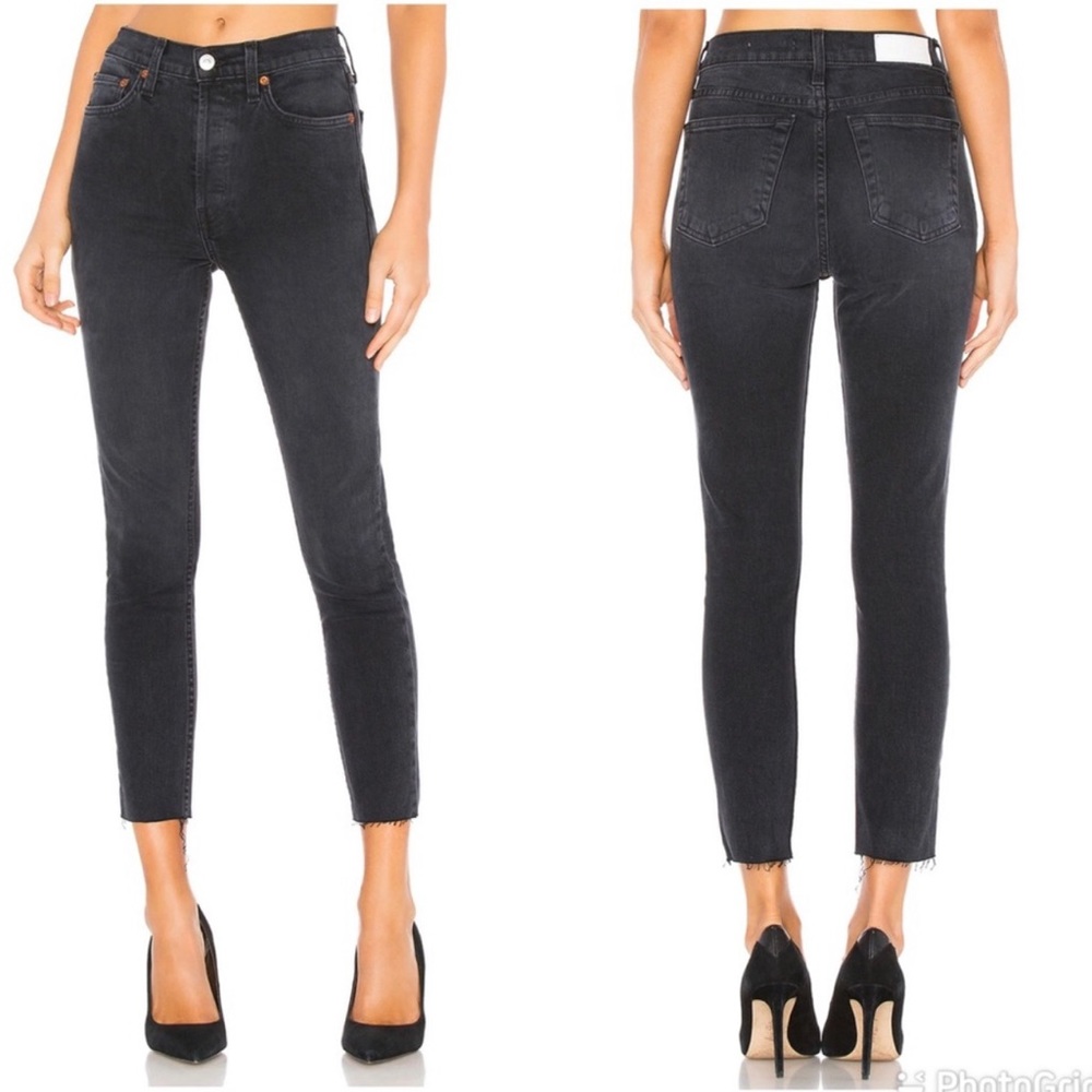 RE/DONE Originals High Rise Ankle Jeans Faded Black Stretch Size 26 Button Fly